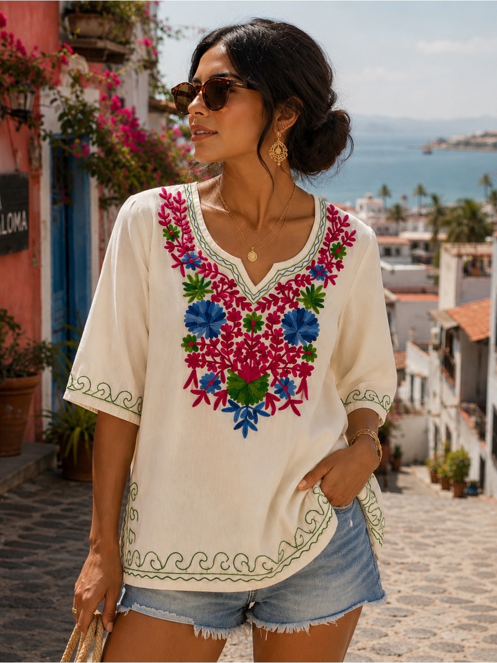 Vintage Style Embroidered Cotton Tunic Top Cream Floral Boho
